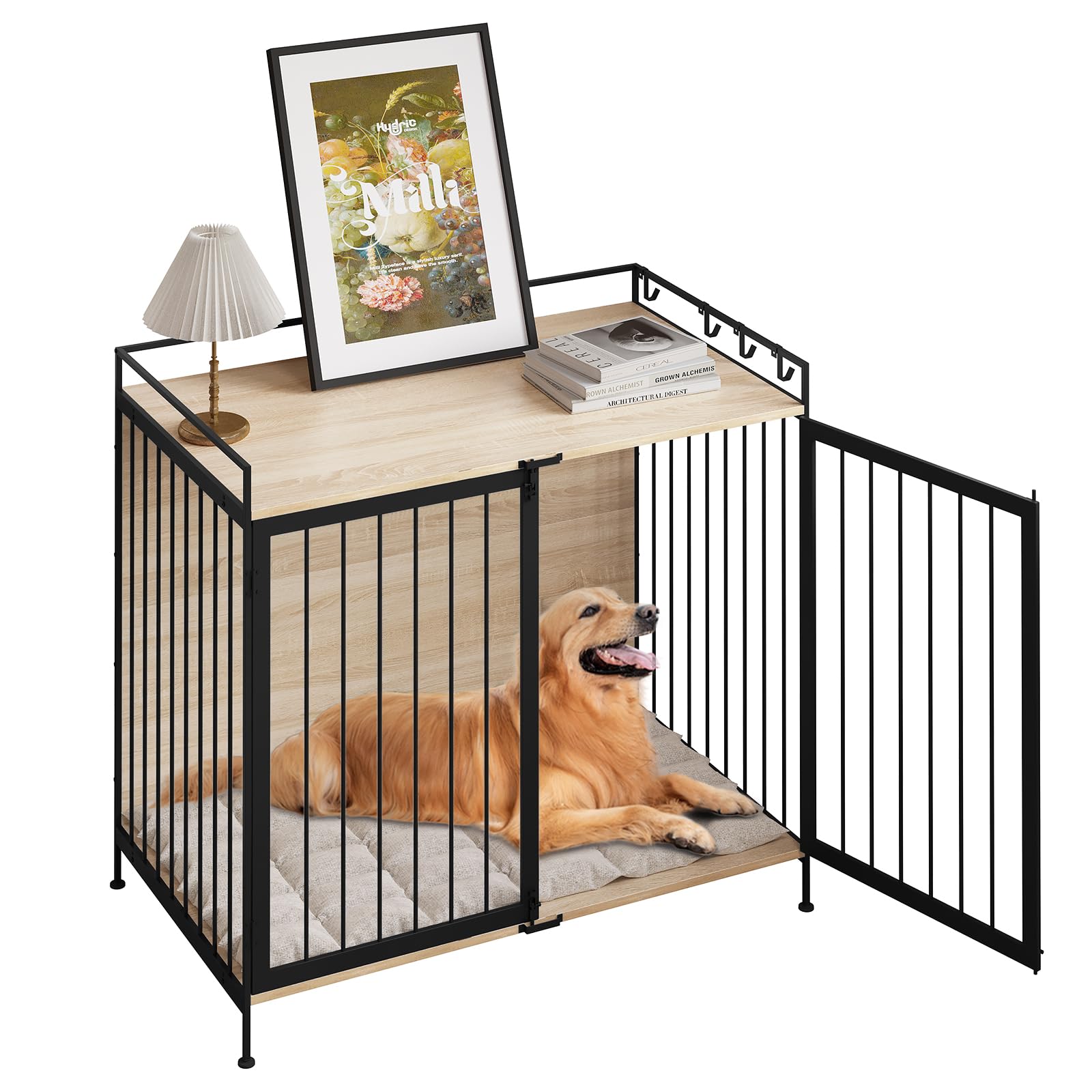 EUGAD Jaula de Perro, Jaula Perros con 2 Puertas, Caseta de Perros Grandes Medianos y Pequeños, Barras de Metal Resistentes, 104x92x60 cm, Mesa Auxiliar Salon, Estilo Vintage, Roble Claro, 0352GL