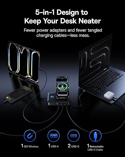 Miniatura 3 de Baseus Nomos - Estación de carga 5 en 1 de 160 W, cargador inalámbrico magnético de 15 W con certificado Qi2 con cable retráctil de 100 W