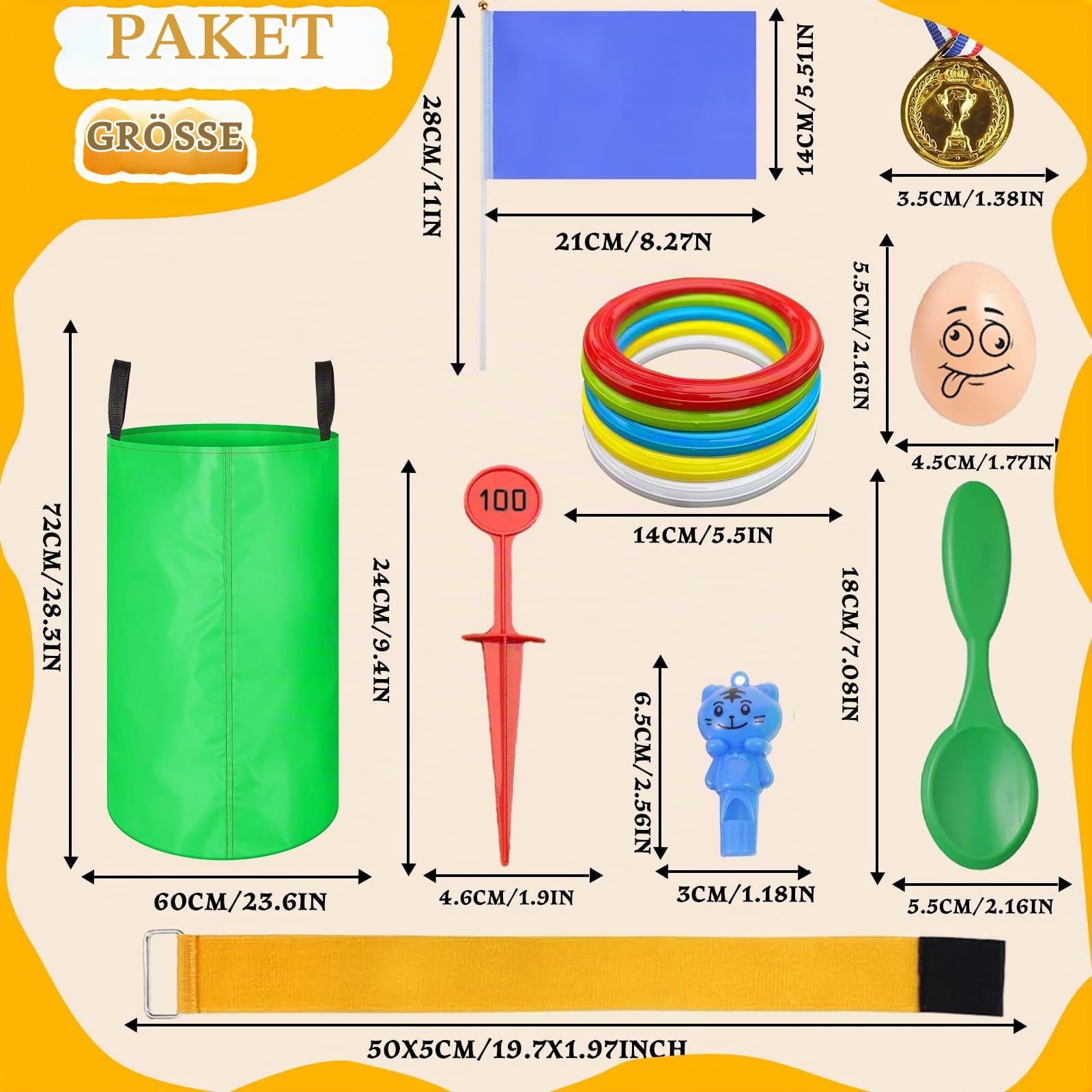 Outdoor Spiele für Kinder, 36Pcs Kindergeburtstag Partyspiele Gartenspiele für Kinder, Sackhüpfen Säcke, Eierlaufen, 3Bein Rennen, Ringwurfspiel, Medaillen, Partyset für Jungen Mädchen