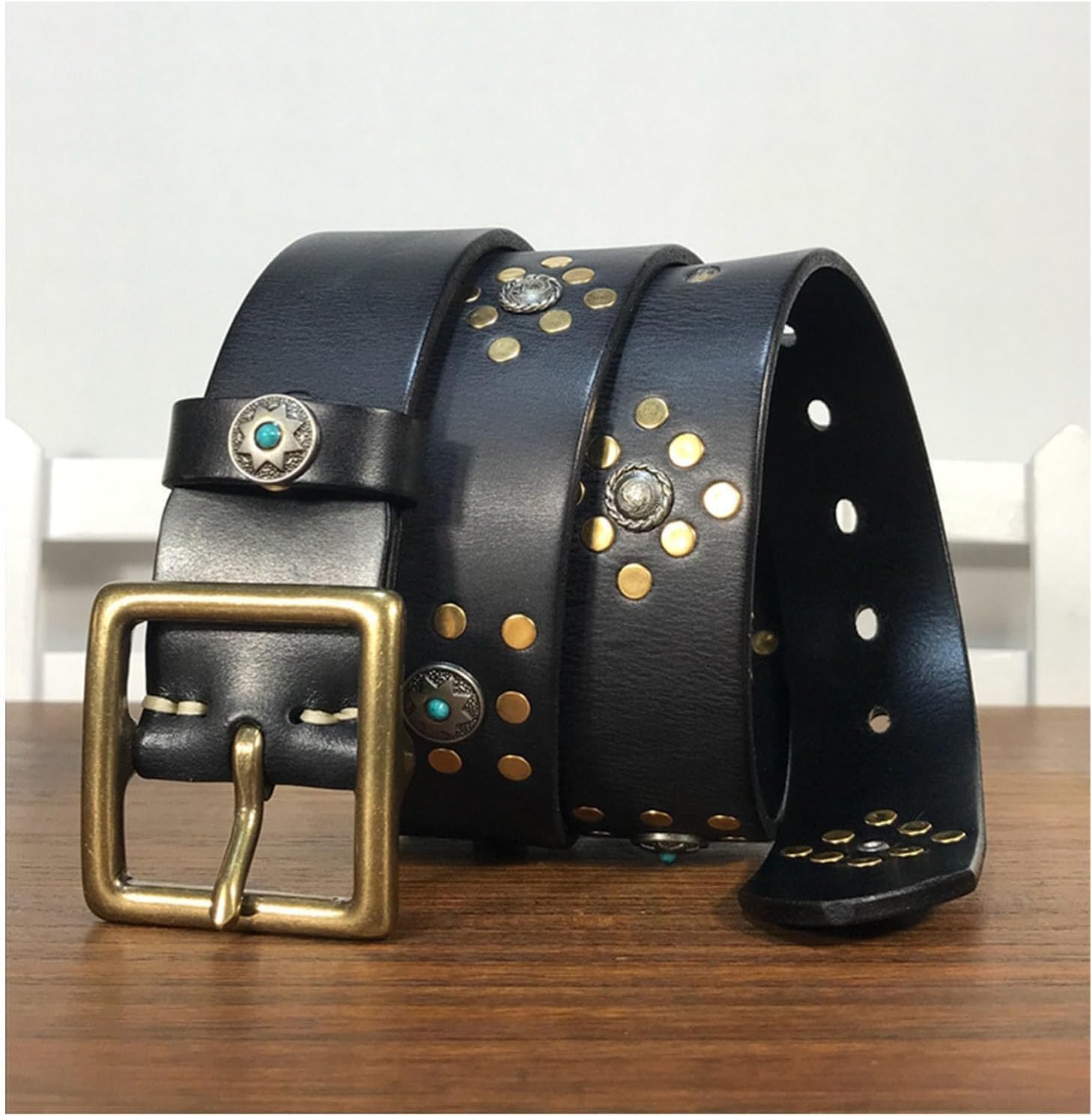 Amazon.co.jp: レザーリベットベルト 90/95/100/105/110/115 センチ