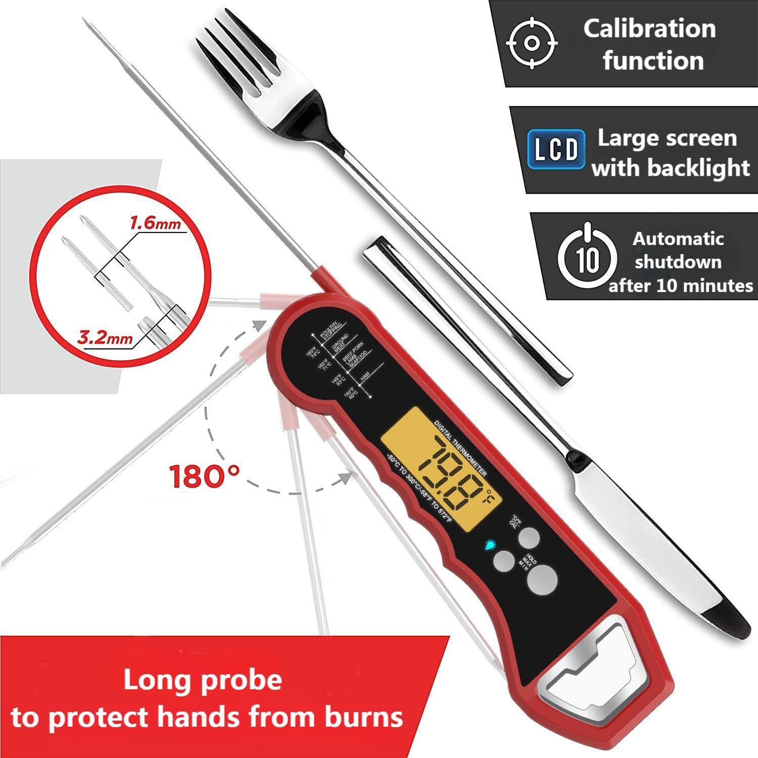 Meat Thermometer Digital, Instant Read Meat Thermometer for Cooking and Grilling, Waterproof Food Thermometer for Kitchen and Outside, BBQ, Turkey, Candy, Beef
