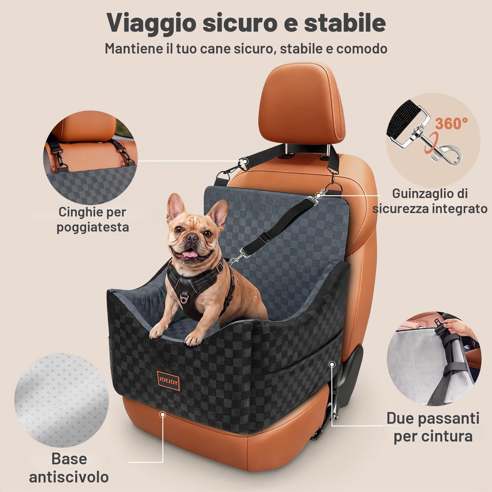 JOEJOY Seggiolino auto per cani di taglia piccola/media fino a 13,6 kg, in memory foam, con copertura rimovibile e lavabile, seggiolino auto per animali domestici di sicurezza con tasche portaoggetti
