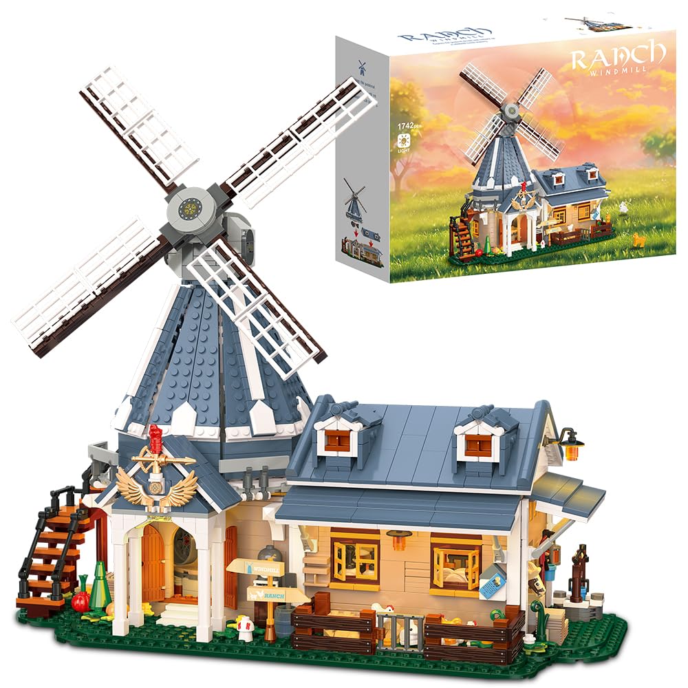 39197 - Juego de bloques de construcción de molino de viento de pasto, equipado con iluminación, 1742 piezas de bloques de construcción de molino de viento de pasto, regalos de modelo para