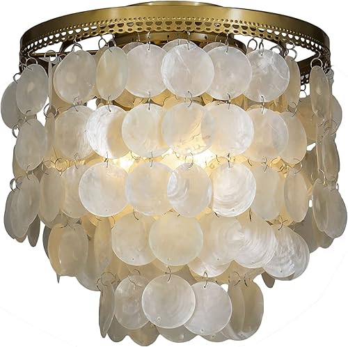 Miniatura 2 de Coastal Capiz - Lámpara de techo de 3 luces de techo con diseño de concha natural, única de 3 niveles cerca del techo, lámpara colgante de latón