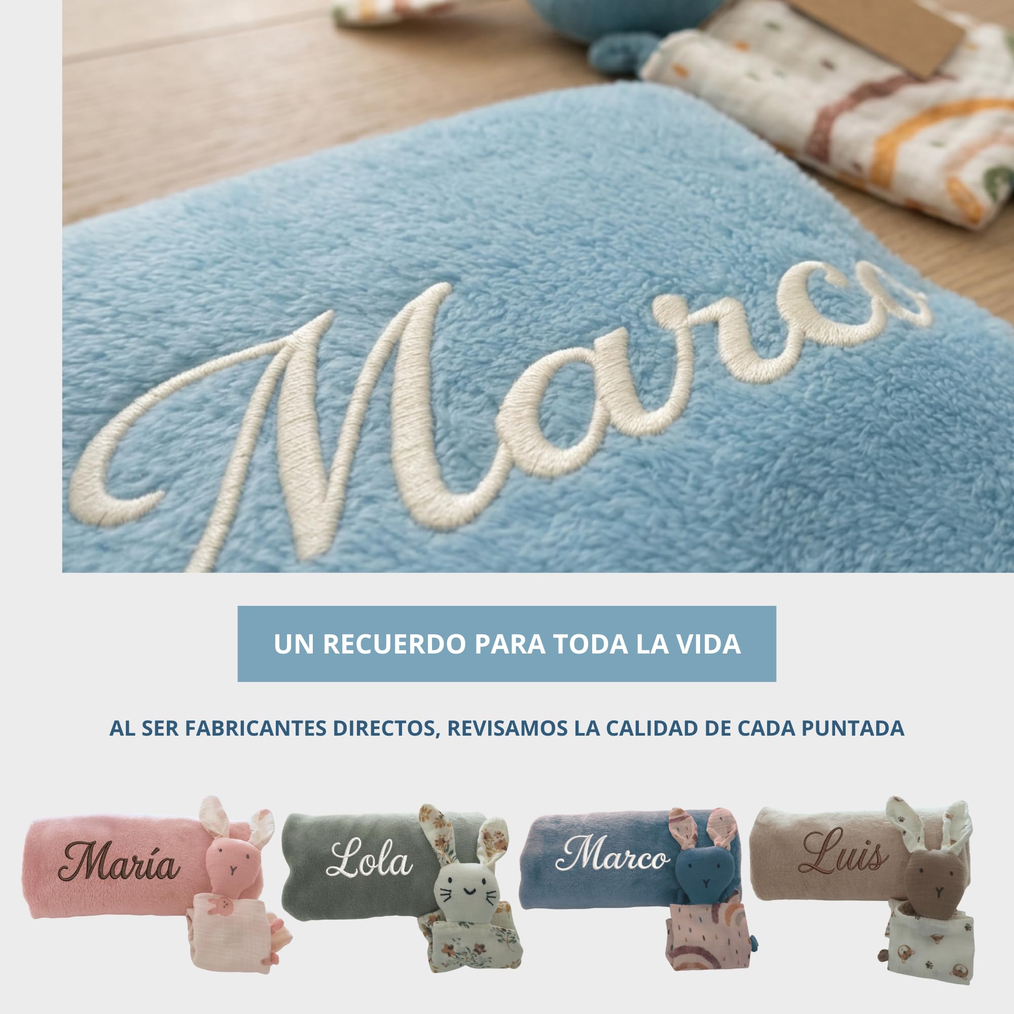 Manta Bebé Personalizada Nombre Bordado + Dou-Dou 100% Algodón - Fina y Ligera para Verano. Regalo Recién Nacido Niño Niña - Manta Suave y Peluche - Regalo Padres y Mamás Primerizas (Azul) — view 6