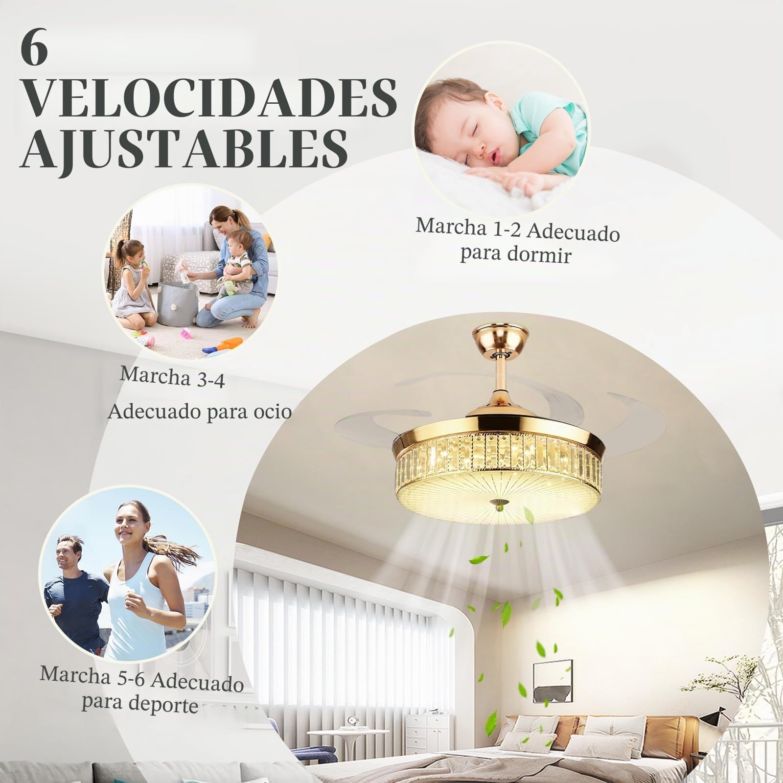 Cristal Lampara con Ventilador de Techo - Aspas Retráctiles Silencioso con Luz y Mando a Distancia CC Reversible, 6 Velocidades, 3 Colores Moderno - Golden||122CM