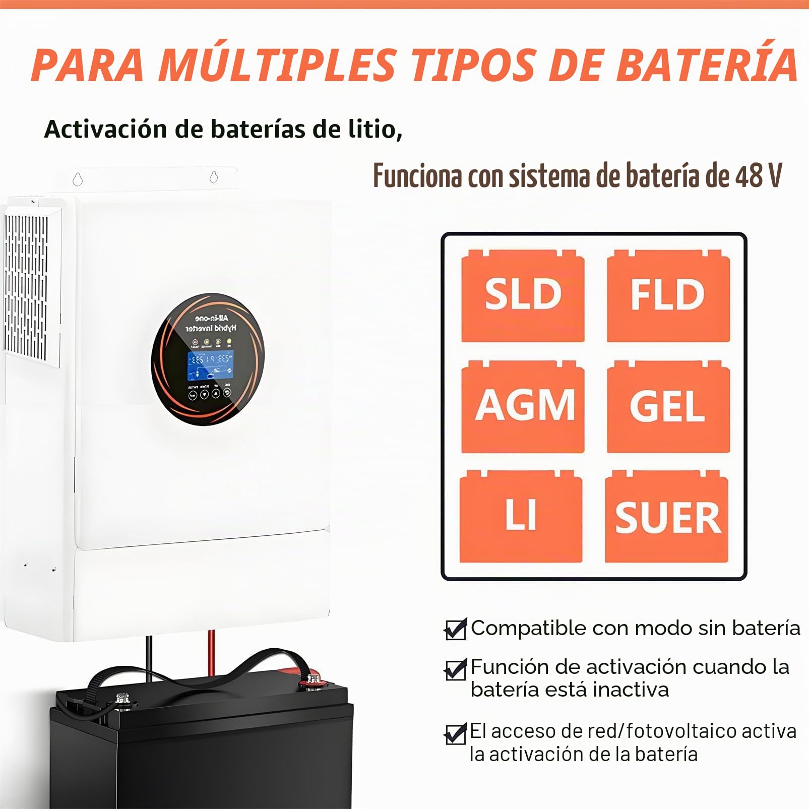 Inversor Solar híbrido de 5500 W, Onda sinusoidal Pura de 48 V a 110 V/220 V, Controlador de Carga MPPT de 120 A Integrado, Compatible con Carga Solar, de Servicios públicos y de generador