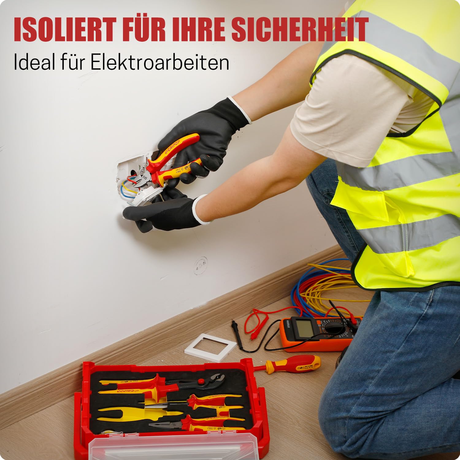 4 tlg 1000V VDE-isolierter Elektro-Zangensatz, inkl. 190mm Kombizange, 165mm Seitenschneider, 210mm Langnase, 260mm Wasserpumpenzange & Spannungsprüfer mit Aufbewahrungsbox für Profis