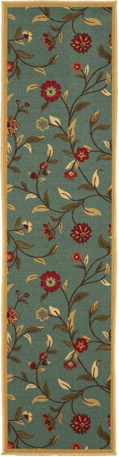 Floral Seafoam Contemporary Non Slip Laundry Room, Bathroom, Kitchen, Living Room, Hallway Runner