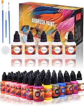Gocheer Airbrush Paint - 43 Colors with 4 Thinner & 3 Metallic Colors, Ready to Spray Airbrush Paint Set, Water-Based Acrylic Air Brush Paints for Metal, Plastic Models, Canvas, Wood - 50 Bottles
