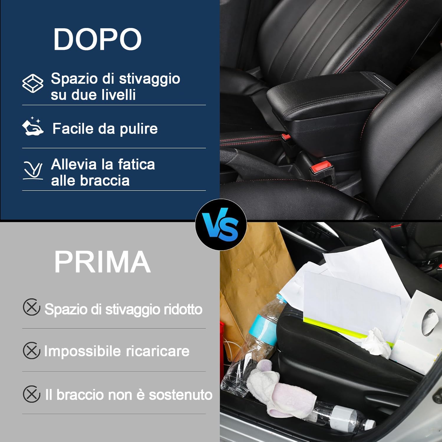 Scatola portaoggetti per bracciolo per Kia Rio 2018 2019 2020 2021 2022 con portabicchieri, scatola portaoggetti per console centrale a doppio strato, accessori per bracciolo neri (4 USB neri con cavo