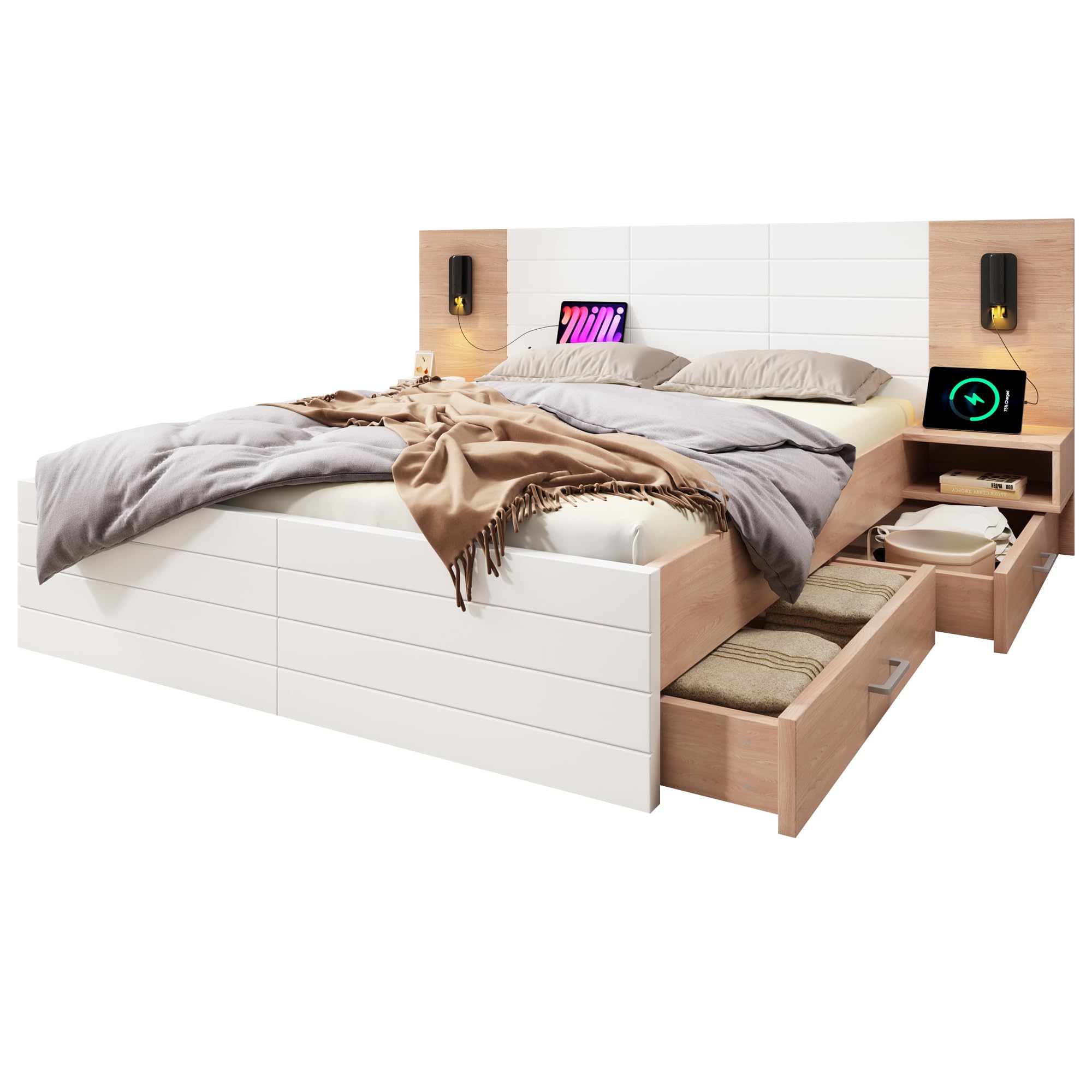 Lit double en bois, 160 x 200 cm, avec 2 tiroirs, lampe de tête de lit, lampe de lecture, avec fonction de charge USB, lit moderne, avec 2 commodes de chevet, cadre de lit et sommier à lattes, 235 x