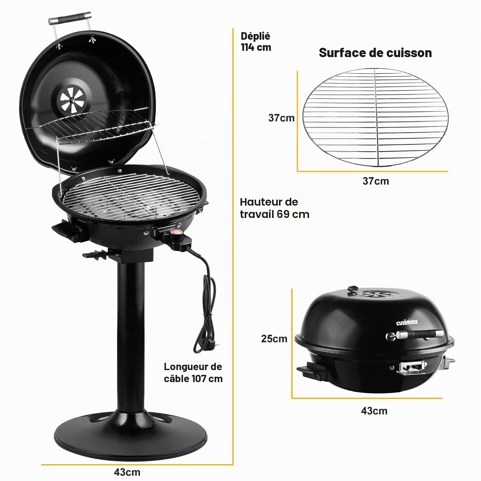 CUSIMAX Barbecue électrique sur pied avec couvercle et pied réglable, température réglable et bac de récupération de graisse, barbecue électrique de 1600W pour usage extérieur, balcon et jardin