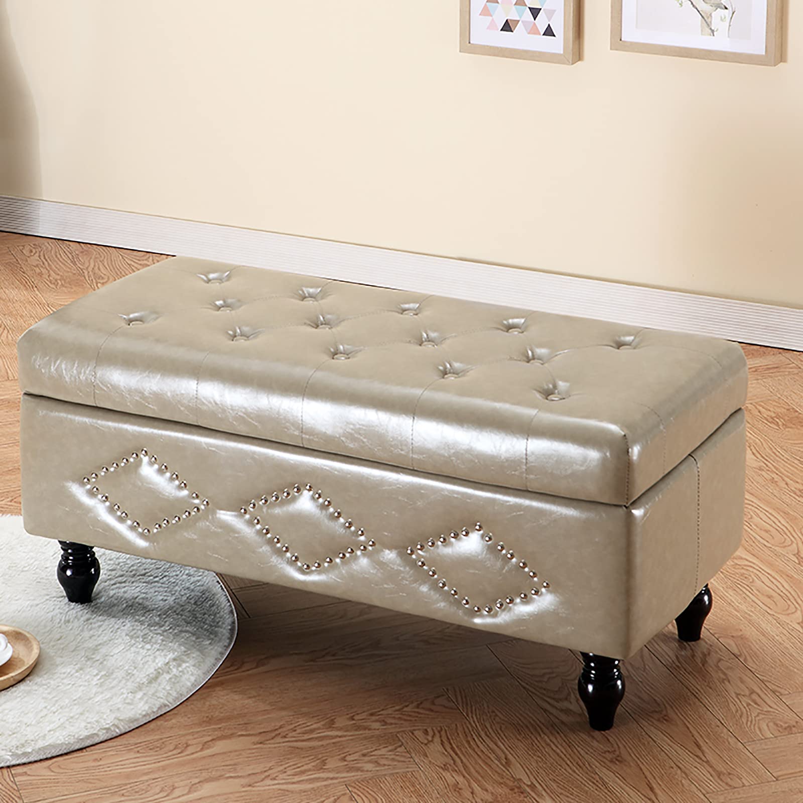 Banc de rangement multifonction en cuir synthétique, tabouret à langer stable en bois