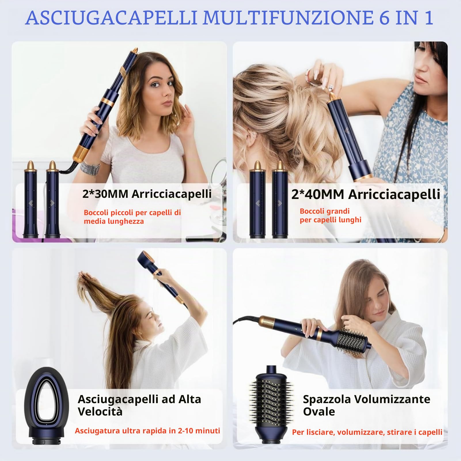 Air Styler e Asciugacapelli 6 in 1 con Air Arricciacapelli e Spazzola Asciugacapelli, Spazzola Lisciante per Capelli Ricci, Voluminosi o Lisciati con Cura Ionica (Blu)
