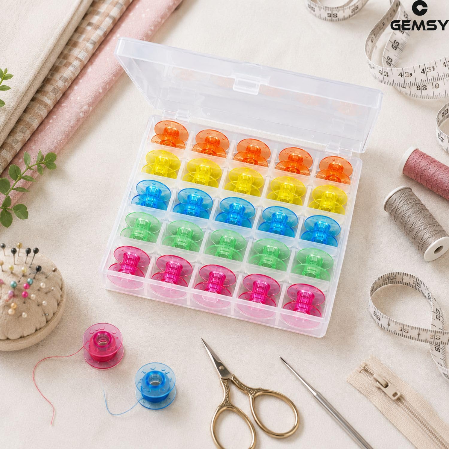 Gemsy Sewing Machine Transparent/Colour Bobbin Pack of 25 with Box : Plastic Bobbins, Tailoring Tools - Perfect for Regular Sewing Machine Like Usha Brother Singer Janome | Storage Box for Bobbin 4