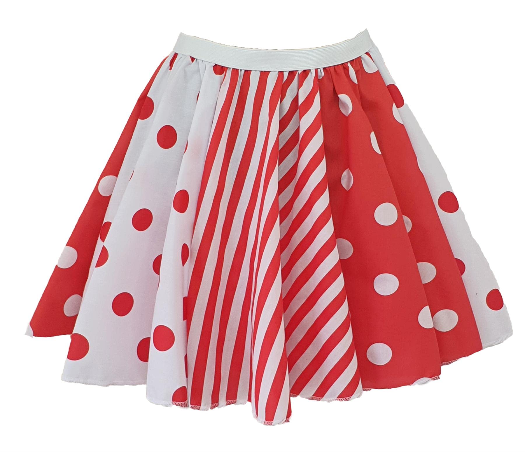 The Dragons Den Adults 15" Length Polka Dot Spot Striped Clown Harlequin Skater Skirt Halloween Horror Circus Fancy Dress [Red & White - L-XL]