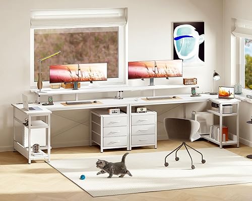 Miniatura 2 de Escritorio para computadora en forma de L con tomas de corriente y 3 cajones de tela, escritorio de oficina reversible con estantes y soporte para