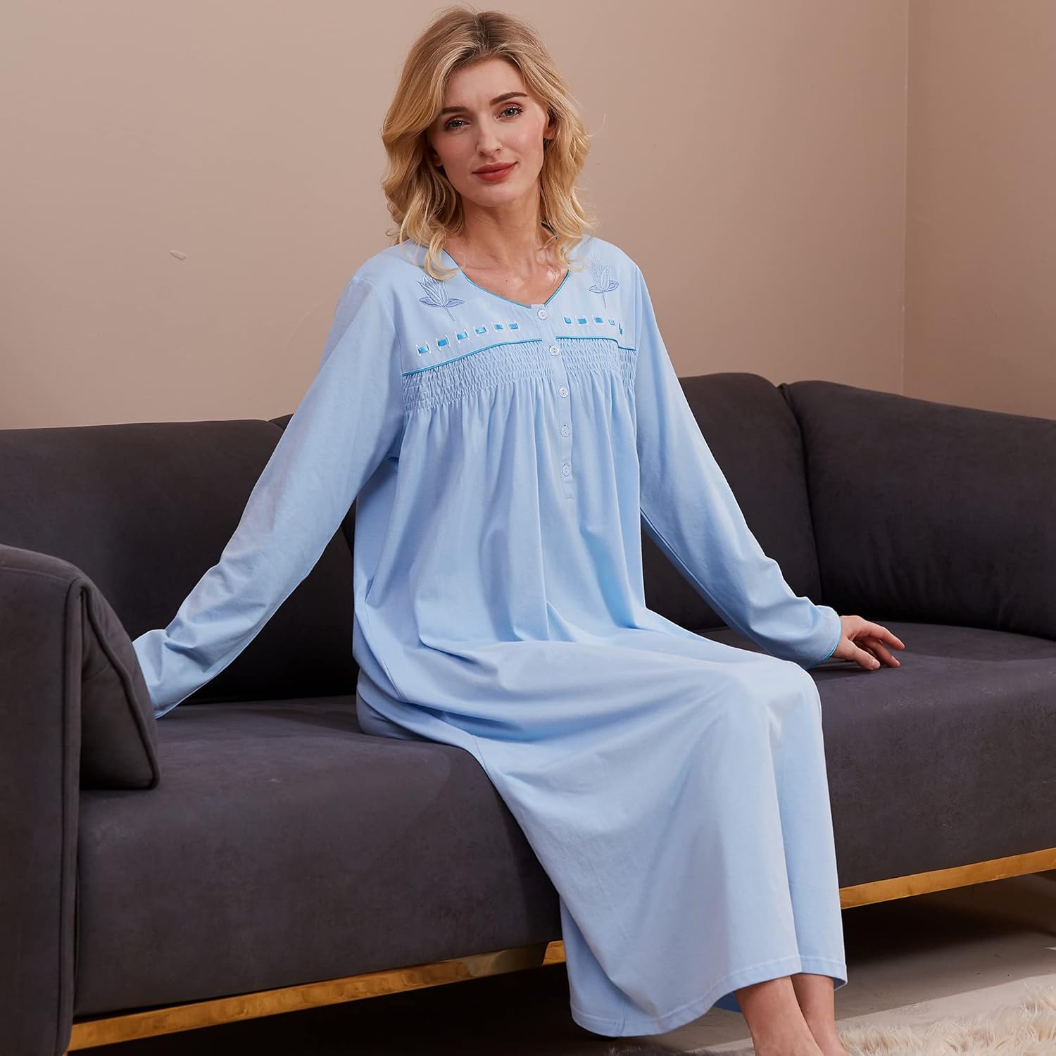 Keyocean Nightgowns for Women, Soft Cotton Comfy Lightweight Embroidered Long-sleeve Nightdress - Image 3
