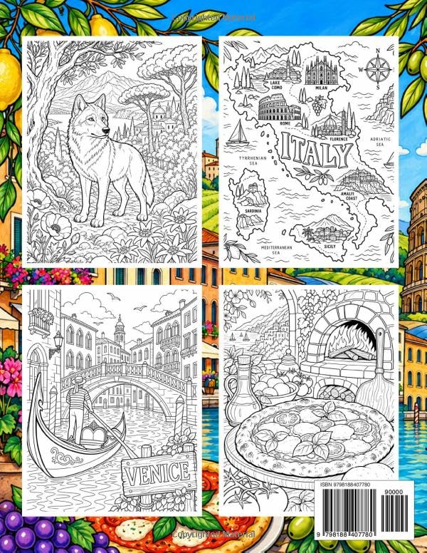 Italy Coloring Book for Adults and Kids: Line Art Activity, Travel Gifts, Coloring Pages, Souvenir, Italian, Rome, Venice, Florence, Tuscany, Sicily, Amalfi Coast, Dolomites, Europe image 3
