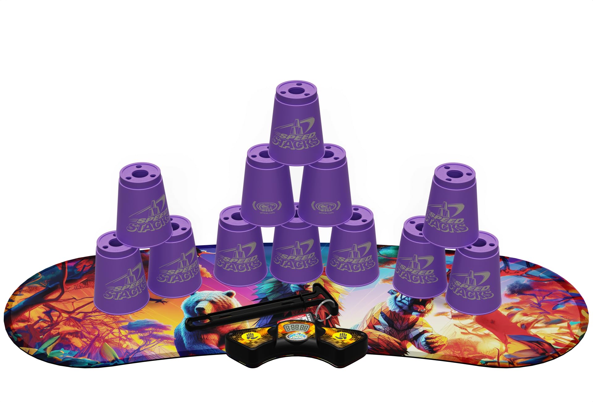 Speed Stacks | Sport Stacking Competitor - Royal Purple Set and Animals Mat - 12 Cups, Holding stem, with GX Timer and mat | WSSA Approved
