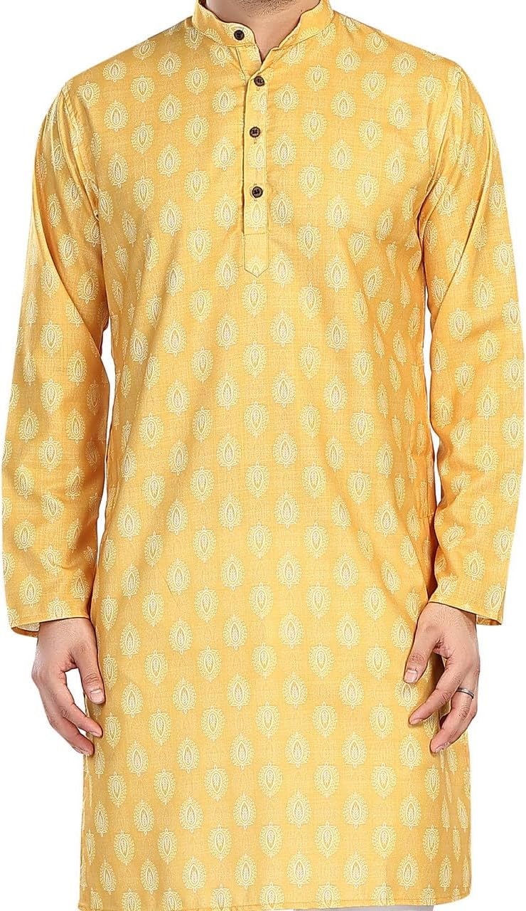 In-Sattva Men's Cotton Folk Print Banded Collar Knee-Length Kurta Tunic; Turmeric Yellow; LG