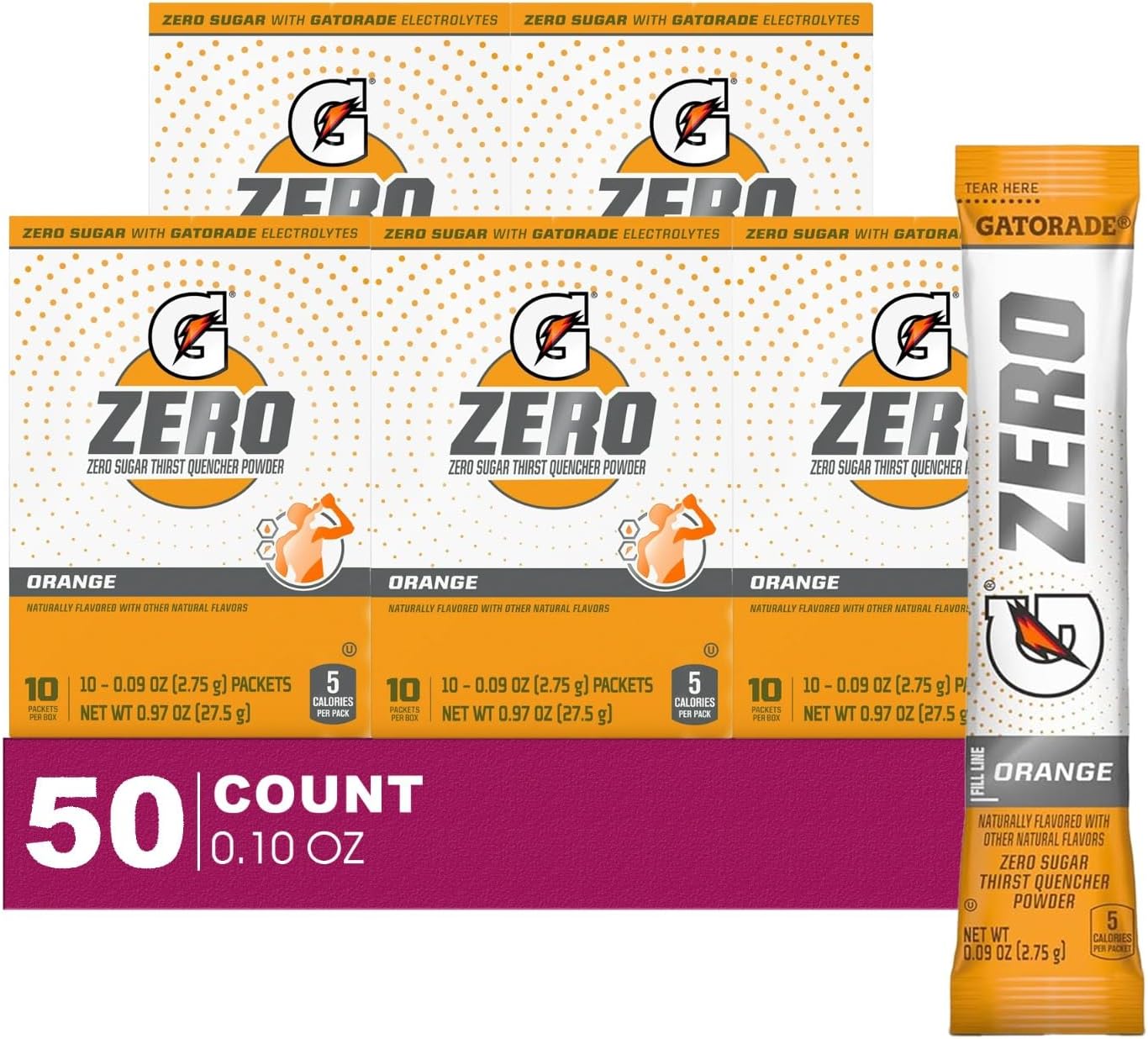 GatoradeZERO 50- Count of Zero Orange Thirst Quencher Electrolyte Enhanced Sports Drink Powder 0.10oz Packet