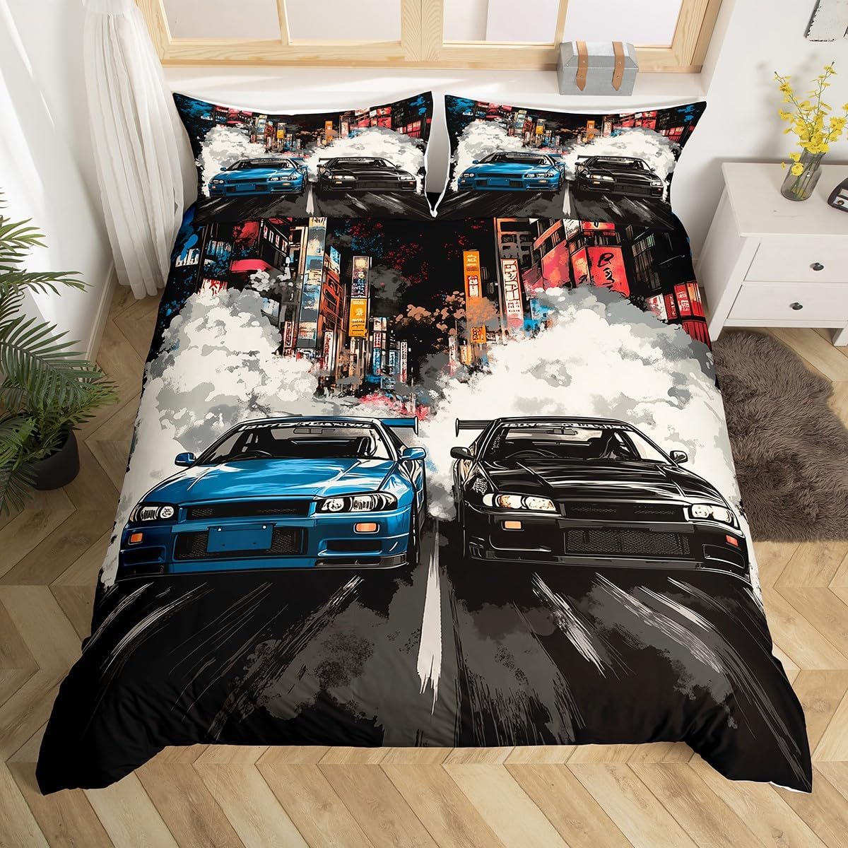 Pink Racing Car Duvet Cover Set Toddler Size Cool Speed Sports Kart Bedding Set 2pcs for Boys Teens Neon Race Car Dashboard Comforter Cover Checkered Flag Quilt Cover,1 Pillowcase(Not Comforter)