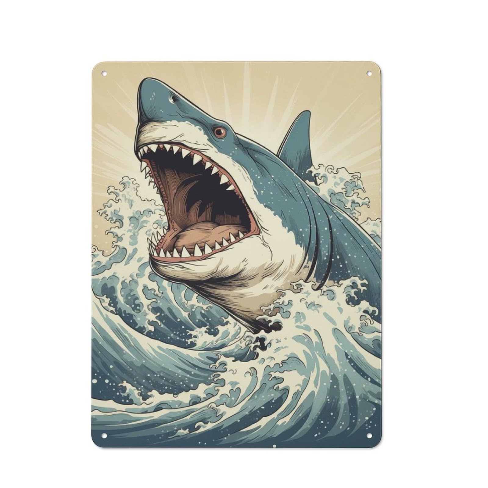 Junmoney Shark Japan Great Wave Metal Wall Sign 40X30cm Featuring For Café Or Restaurant, A Decorative Metal Sign For Cafés And Restaurants