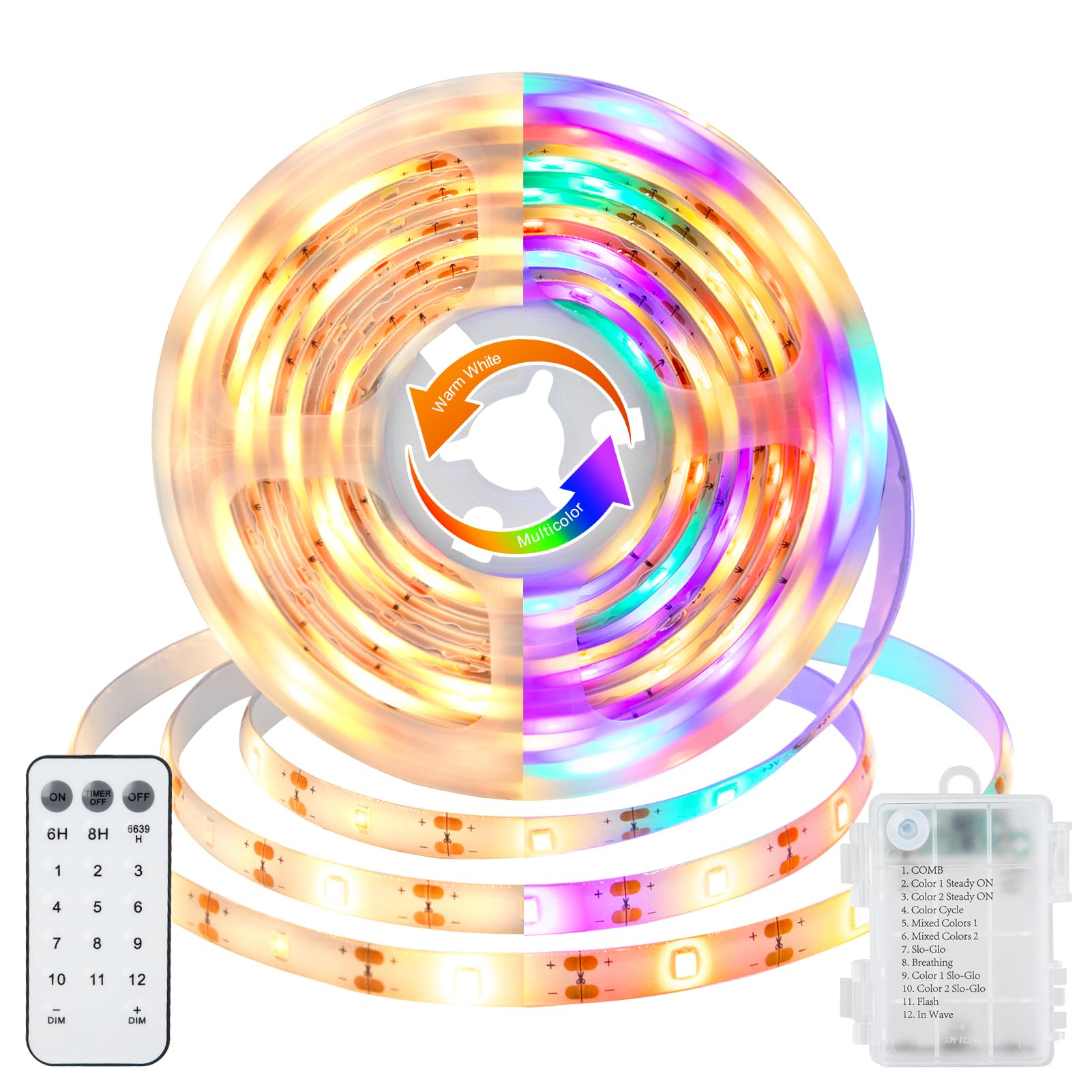 echosari LED Strip Lights Battery Operated, 10Ft 108 LED Dual Color Changing Strip Lights with Remote Cuttable Adhesive Lights Strip for Bedroom Party