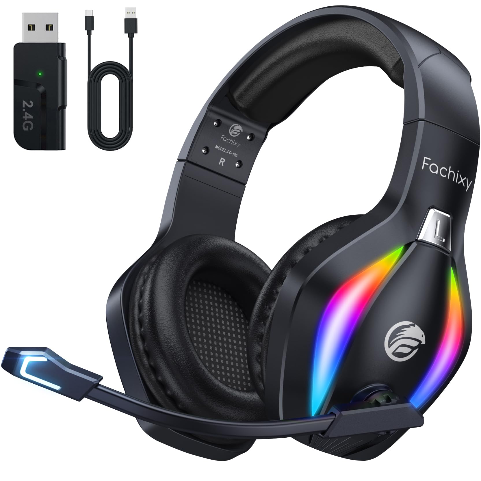 Fachixy FC100「2025 Nouvelle」Casque de Jeu sans Fil pour PS4, PS5, PC - 2,4 GHz et Casque Bluetooth avec Microphone - Son stéréo 3D et autonomie de 50 Heures - pour Switch, Smartphones, Noir
