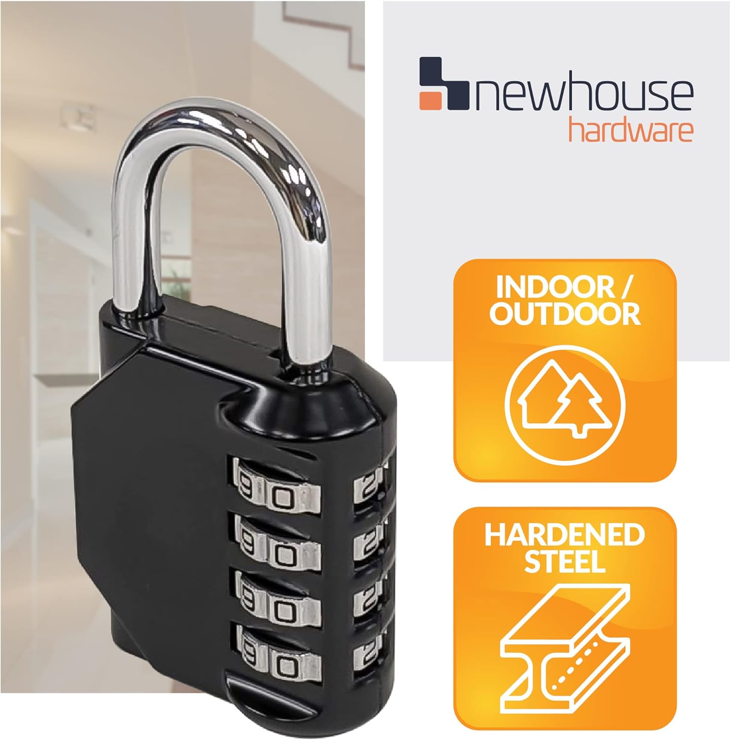 Newhouse Hardware Improved 4-Digit Combination Lock | Outdoor Waterproof Padlock for School, Gym Locker, Sports Locker, Fence, Toolbox, Gate, and Travel | Customizable 4-Digit Lock Combo | Black