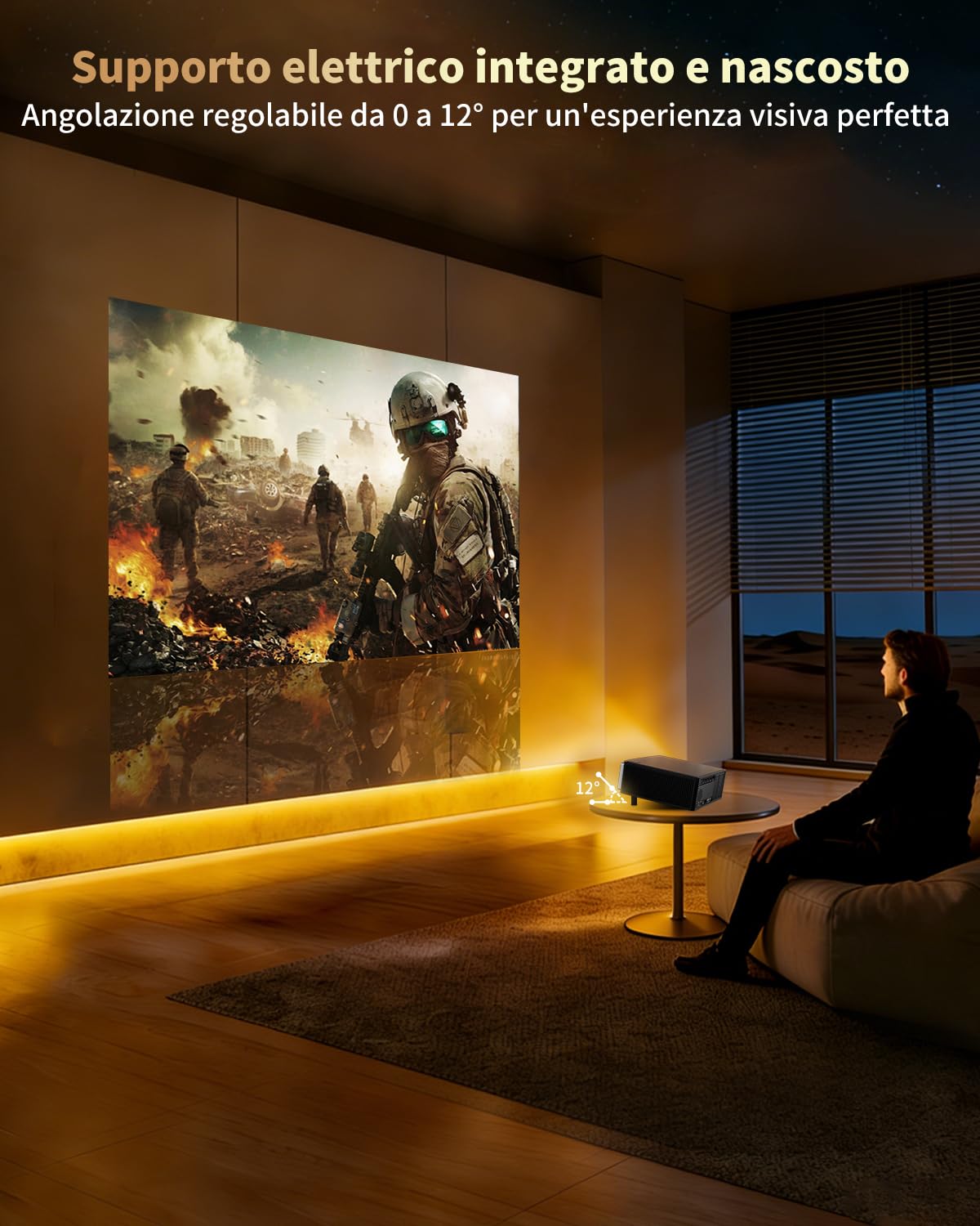 Proiettore 4K intelligente, 1080P nativo Full HD per esterni (giardino/camera da letto), 1200 ANSI, tiro corto, messa a fuoco automatica, correzione Keystone, audio HiFi, WiFi 6, app integrate