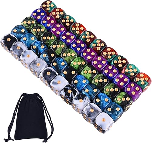 AUSTOR Juego de 50 dados de 6 caras de 5 colores de dos tonos con pipas doradas, dados de esquina redonda para jugar juegos como Tenzi, Farkle, Dos