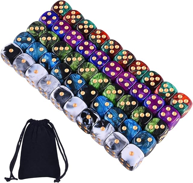SIQUK 50 Pieces 6 Sided Game Dice Set 5 Two Tone Colors Dice with Gold Pips Round Corner Dice (Free Pouch) for Playing Games like Tenzi, Farkle, Yahtzee, Bunco or Teaching Math