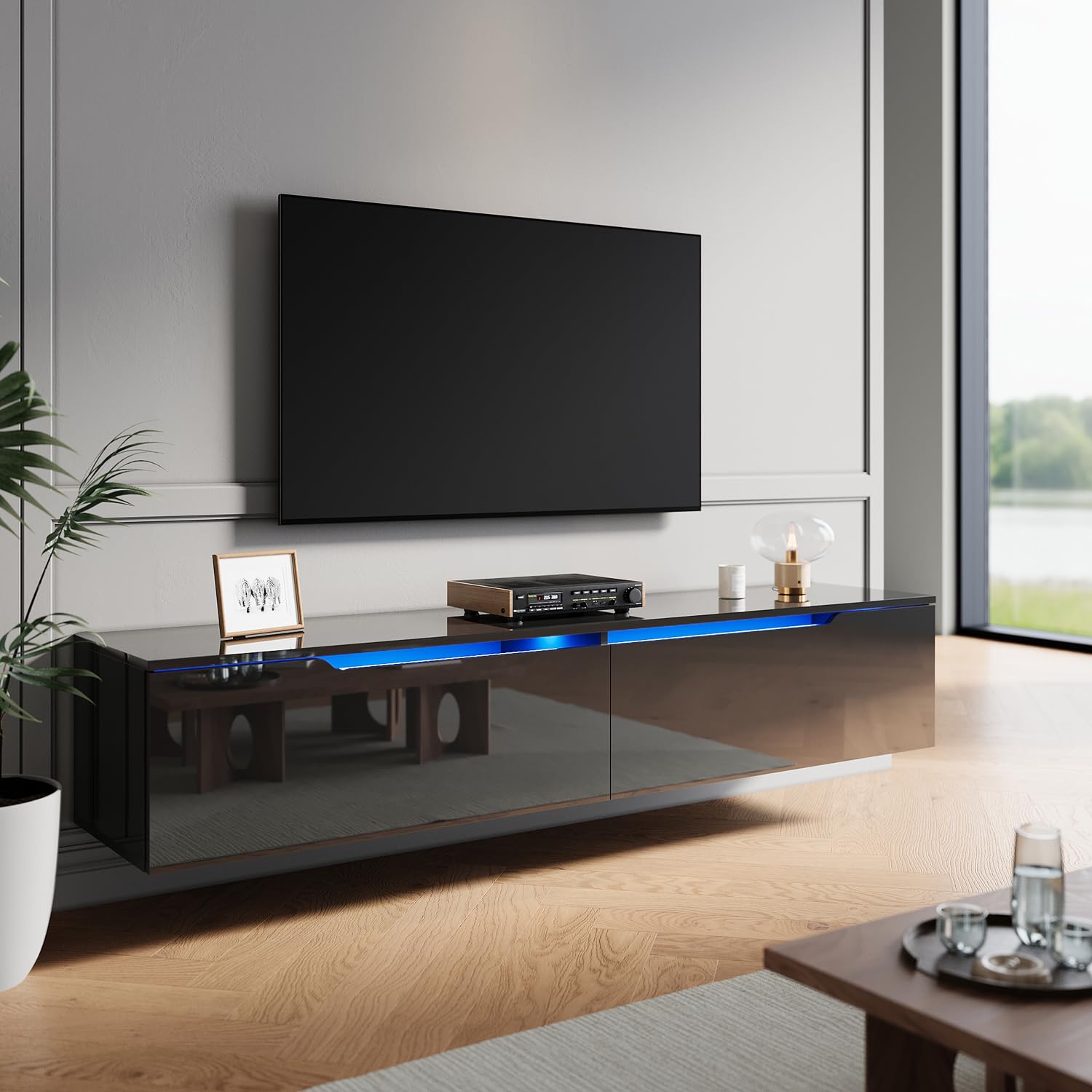 ZANOFIRA Floating TV Stand Cabinet with 16 RGB LED Lights, 1600x350x300mm High Gloss Black Finish & Pull-Down Door, Modern Wall-Mounted Storage Unit for Living Room — image 1