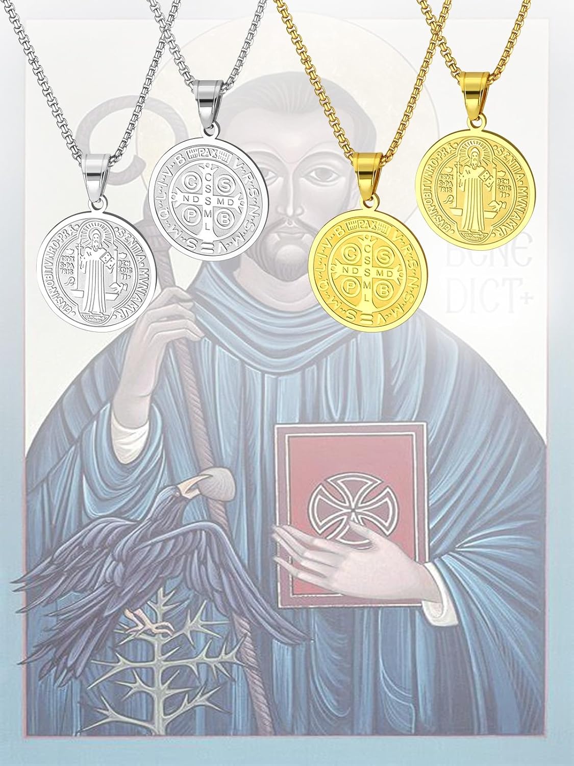 Men Religious Jewelry Stainless Steel/Black Metal/18K Gold Plated 22 Inch Box Rope Chain Nail Cross Pendant/Virgin Mary Medal/St. Benedict/St. Christopher Necklaces for Christmas Birthday - Image 8