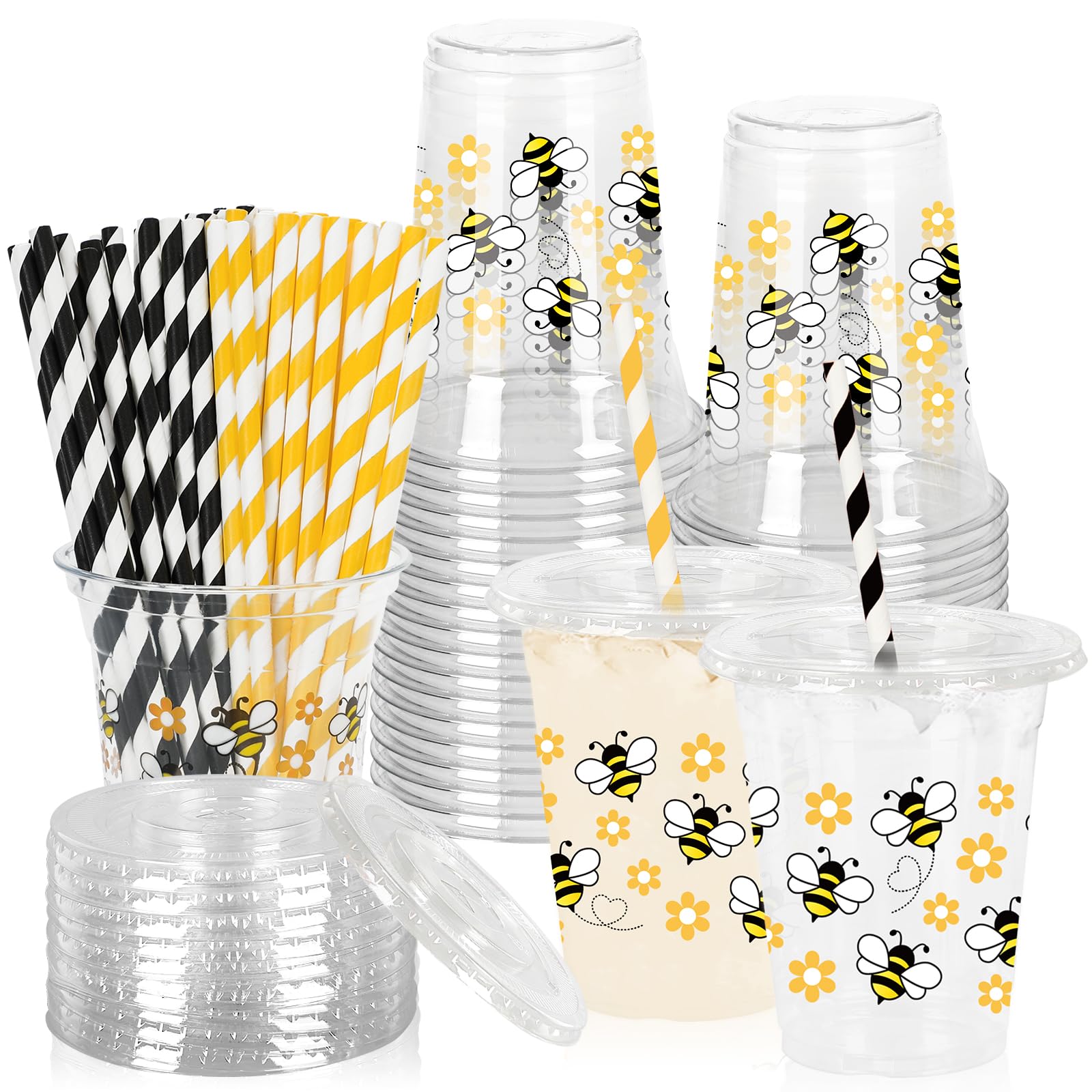 JarThenaAMCS 50Pcs Bee Plastic Cups with Lids Straws Yellow Black Bee Daisy Clear Plastic Cup 12oz Summer Disposable Cup for Party Favor Supplies