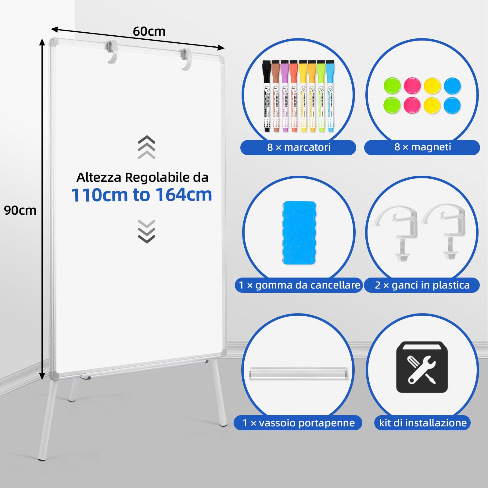 DOLLAR BOSS Supporto per lavagna a fogli mobili 90x60cm, lavagna bianca con supporto, lavagna bianca magnetica, regolabile in altezza, telaio in alluminio