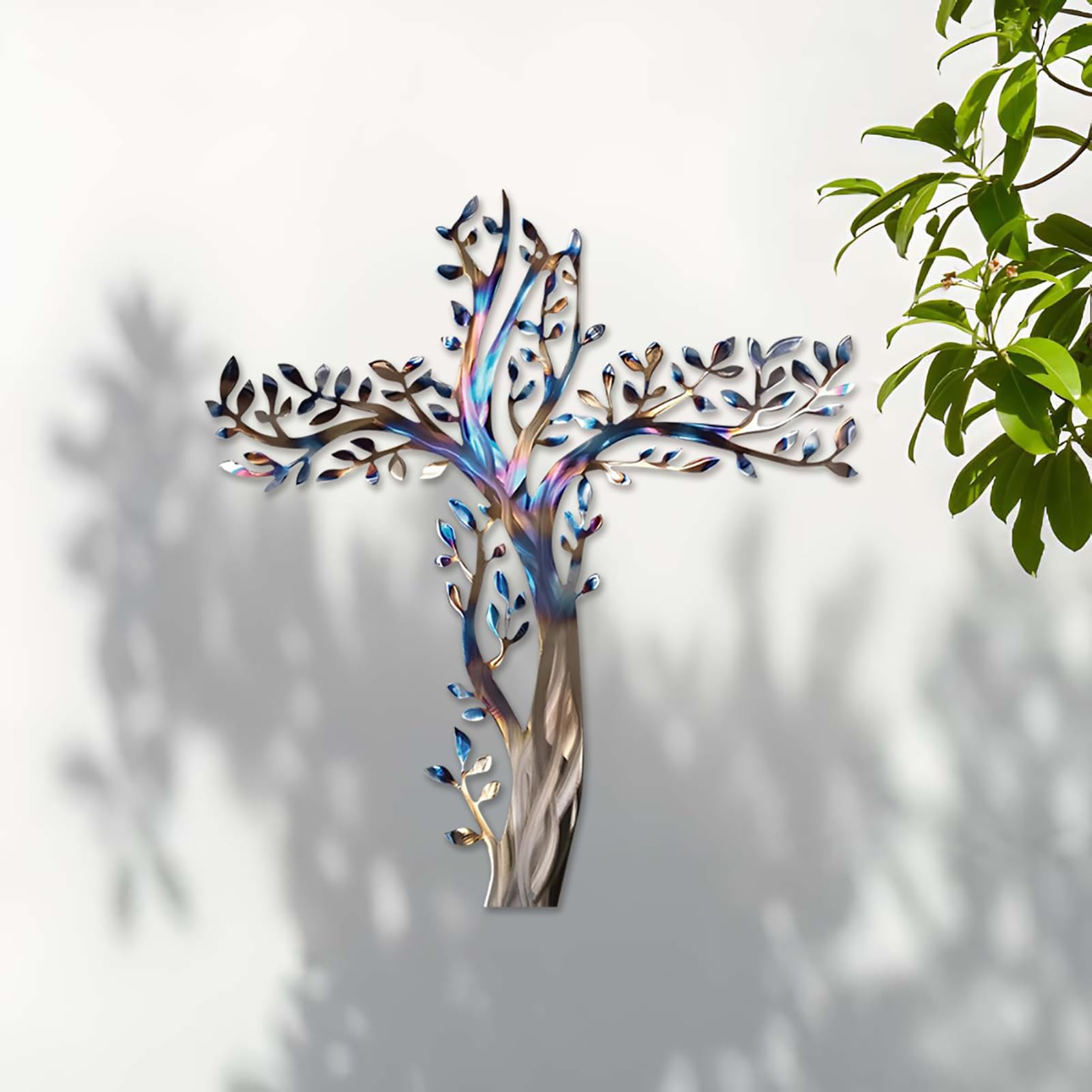 SUNFECILI Art Mural Croix En Métal Arbre De Vie Avec Feuilles D'Olive - Décoration Murale Salon Chambre Extérieur