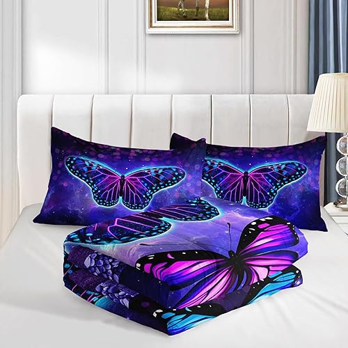 Miniatura 5 de Axolotl Juego de edredón de mariposa azul, tamaño Queen, hermosas mariposas, galaxia, juego de edredón de cuadrícula, ropa de cama romántica para