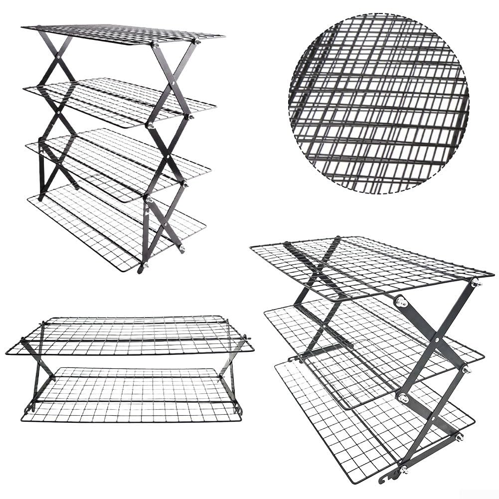 Estante de enfriamiento plegable de 2/3/4 niveles ajustable apilable de hierro para hornear galletas, pasteles, magdalenas, pan, diseño de ahorro de espacio (tres capas)