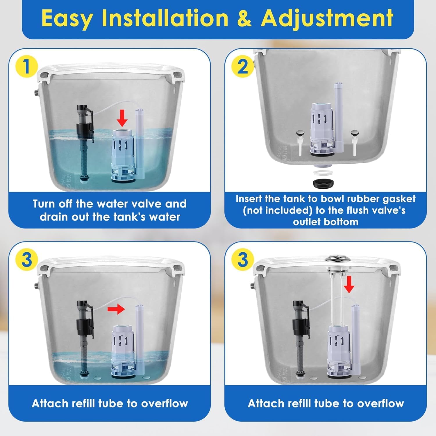 Saillong 2 Pack 3 Inch Universal Toilet Tank Replacement Kit, Include Dual Flush Valve with Push Button, Toilet Fill Valve, Bowl Gasket and Plastic Bolts, Tank Parts Replacement for 2-Piece