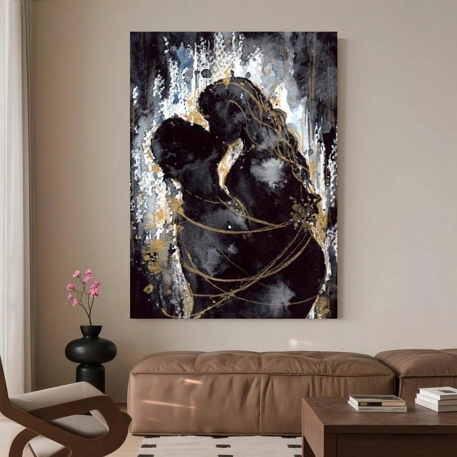 LYBCEOUG Couple Wall Decor, Outline Embracing Lovers Canvas Print, Moody Romantic Couple Wall Art(20x30cm/With frame)