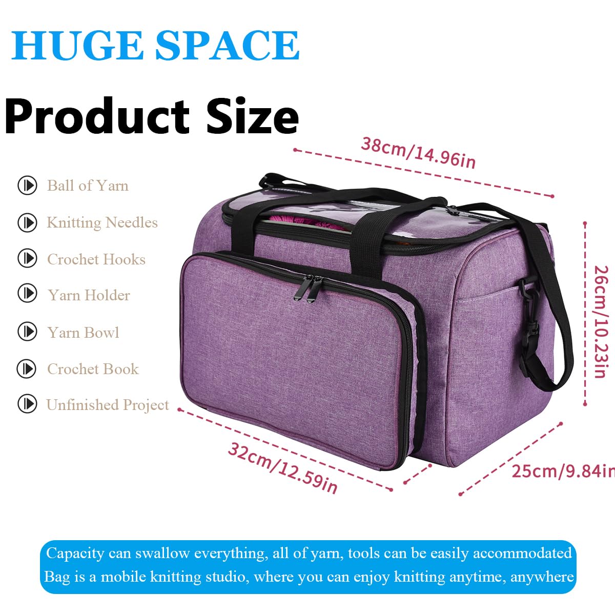Weabetfu Große Häkeltasche, Stricktaschen und Tragetaschen, Organizer, große Garntasche, Aufbewahrung für Häkeln, Stricknadeln, Stricknadeln, Zubehör, Garn – ideales Häkel- und Strickgeschenk (lila)