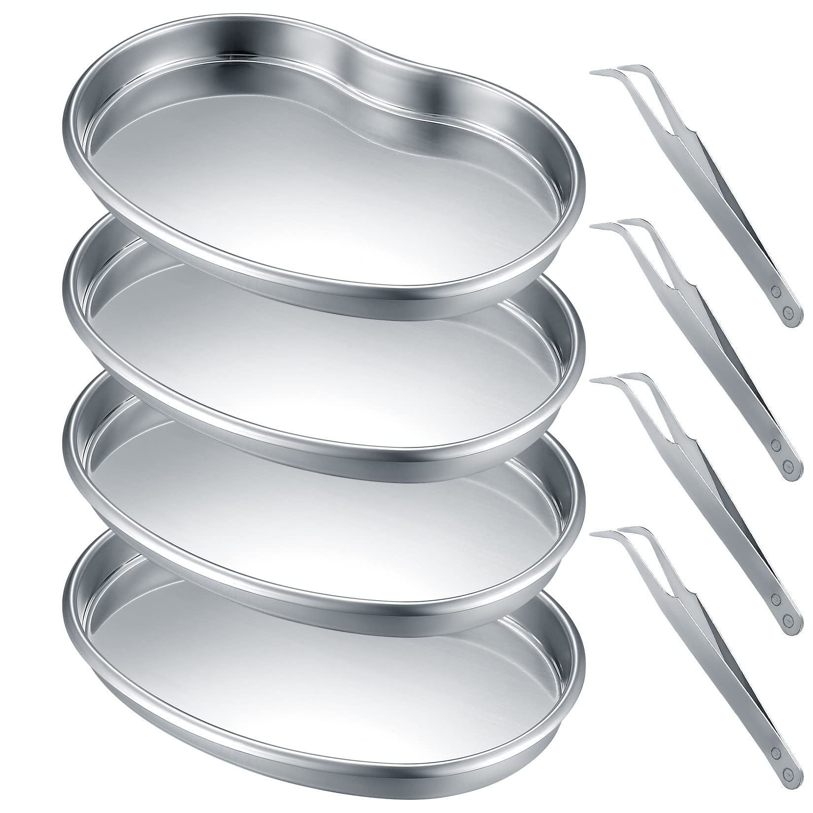 4 Pcs Small Instrument Trayand 4 Pcs tweezers, Stainless Steel Curved Laboratory Supplies Tray for Dental Lab Tool Instrument, Bathroom Organizer, Tattoo Tool Trays