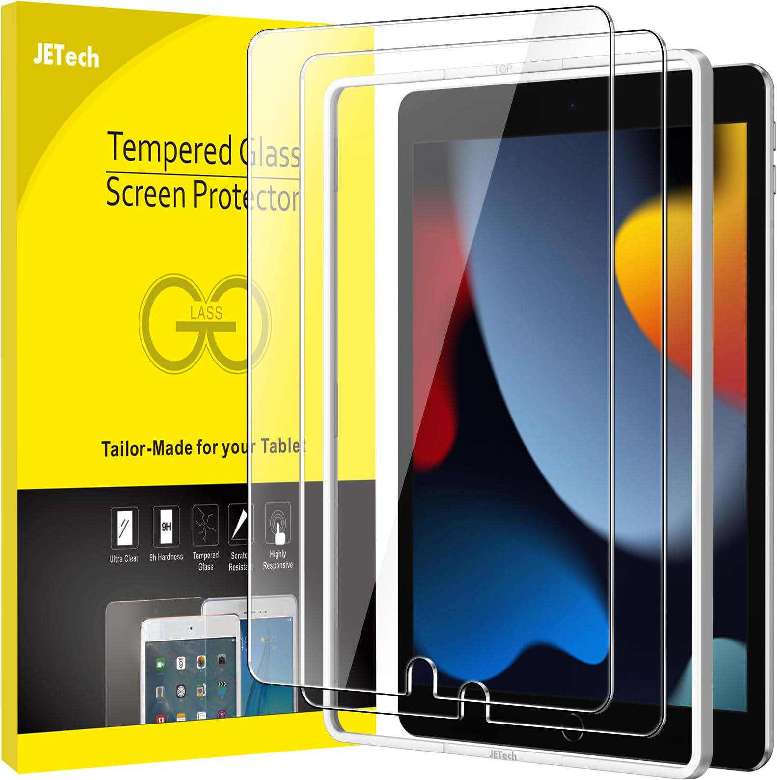 Screen Protector for iPad (10.2-Inch, 2021/2020/2019 Model, 9/8/7 Generation) with Easy Installation Frame, Tempered Glass Film, HD Clear, 2-Pack