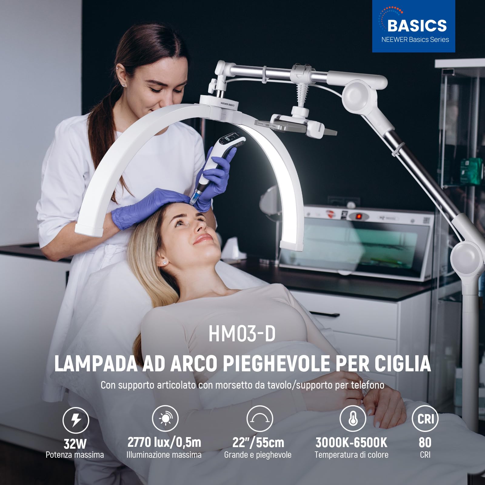 NEEWER BASICS 55cm Lampada Mezza Luna Estetica per Ciglia con Supporto Morsetto/Portatelefono, Lampada da Tavolo per Unghie Pieghevole 32W per Trucco Bellezza Tatuaggi Riprese Video dall'Alto, HM03-D