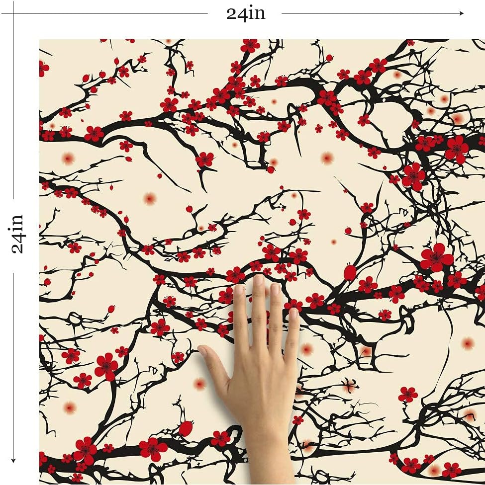 Walls By Me Peel and Stick Black and Red Japanese Floral Removable Wallpaper 9975-2ft x 8.5ft (61x260cm)