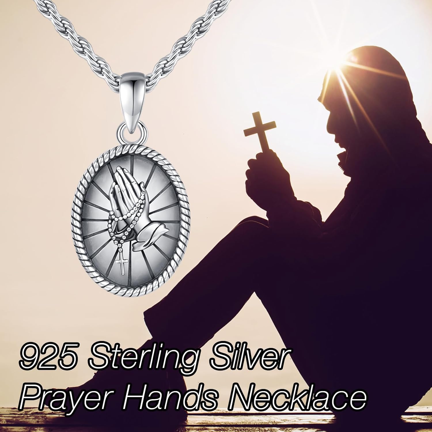 Serenity Prayer Necklace Sterling Silver Prayer Hand Pendant Religious Praying Hands Necklace Jewelry Gifts for Men Women - Image 5